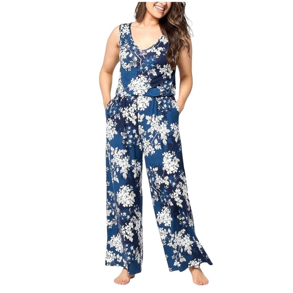 BumbleBella By Jill Martin Womens Floral Sleeveless Wide-Leg Jumpsuit Navy & Whi